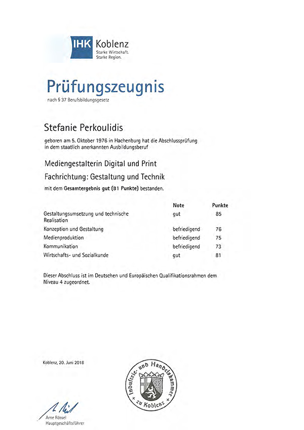 Prüfungszeugnis Mediengestalterin Gestaltung & Technik - Print